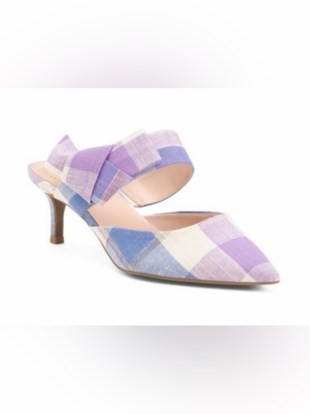 Bandolino Millie lavendr & lt blu fabric bow strp kittn heel mules WM 7.5 pastel